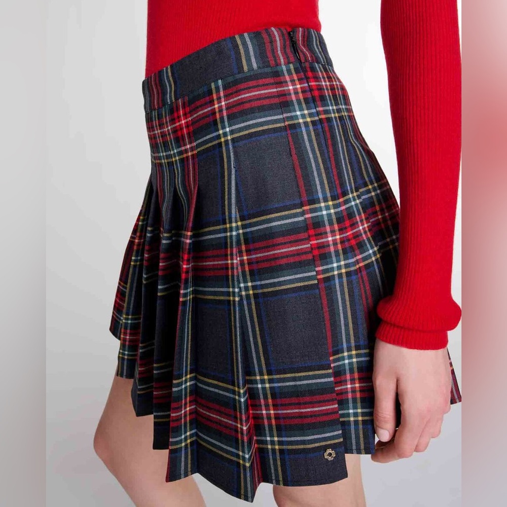 Maje Tartan Plaid Mini Skirt – Size 36 (US 4) | Pleated Flared, Fully Lined
